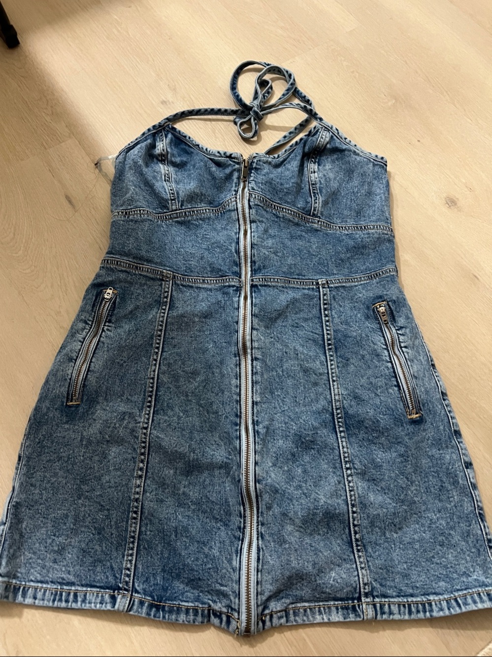 American Eagle Outfitters Blue Denim Halter Zip-Front Mini Dress | Never Worn